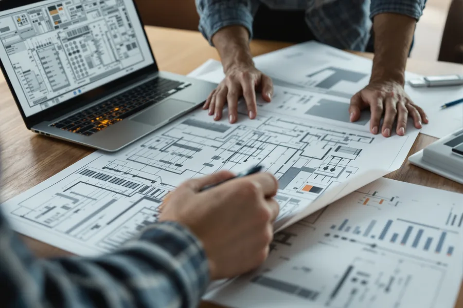 Senior consultants reviewing detailed system blueprints