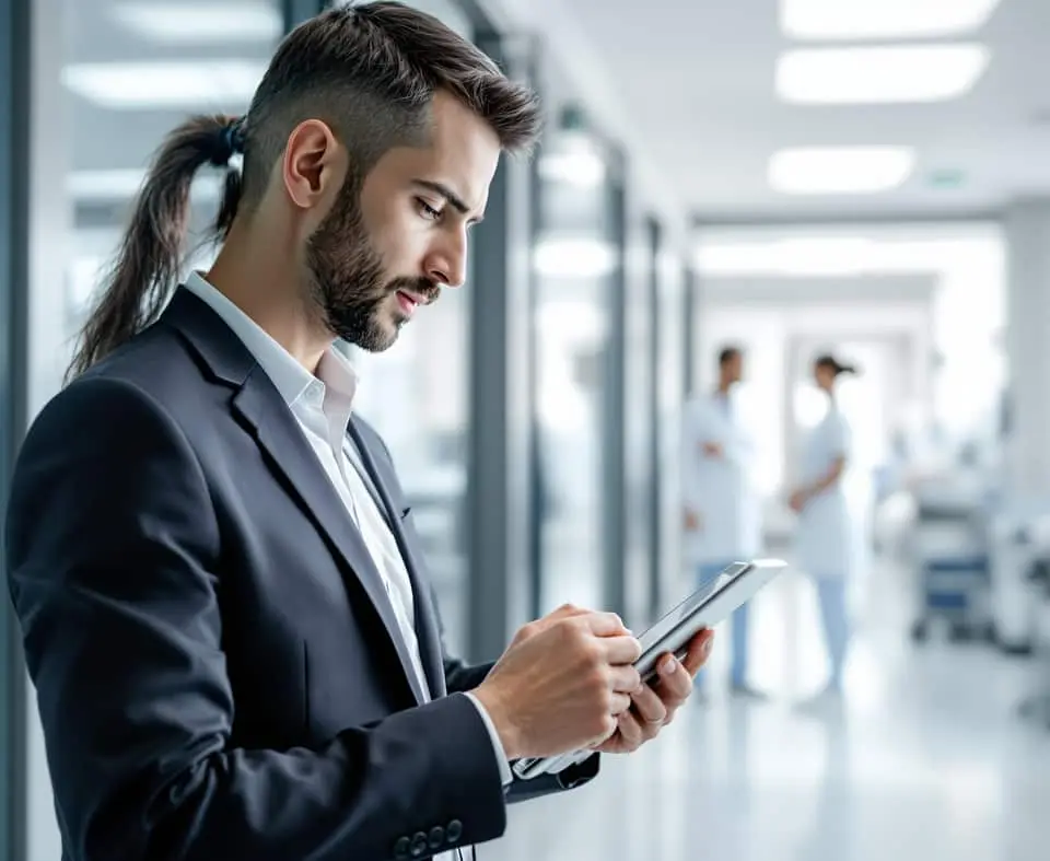 Healthcare professional reviewing data on a tablet in a hospital