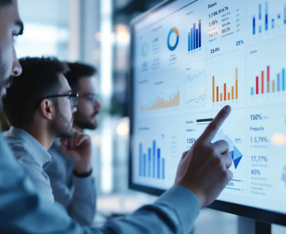 Insurance analysts reviewing data dashboards in a modern office